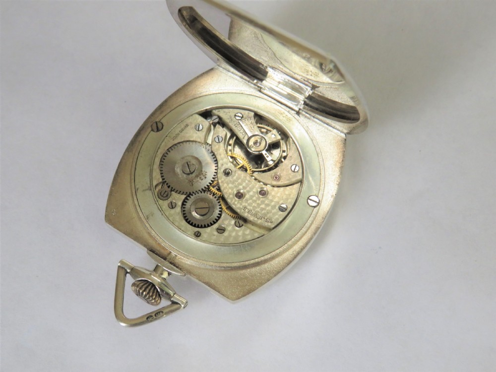 1923 silver tonneau shaped Art Deco pocket watch View II