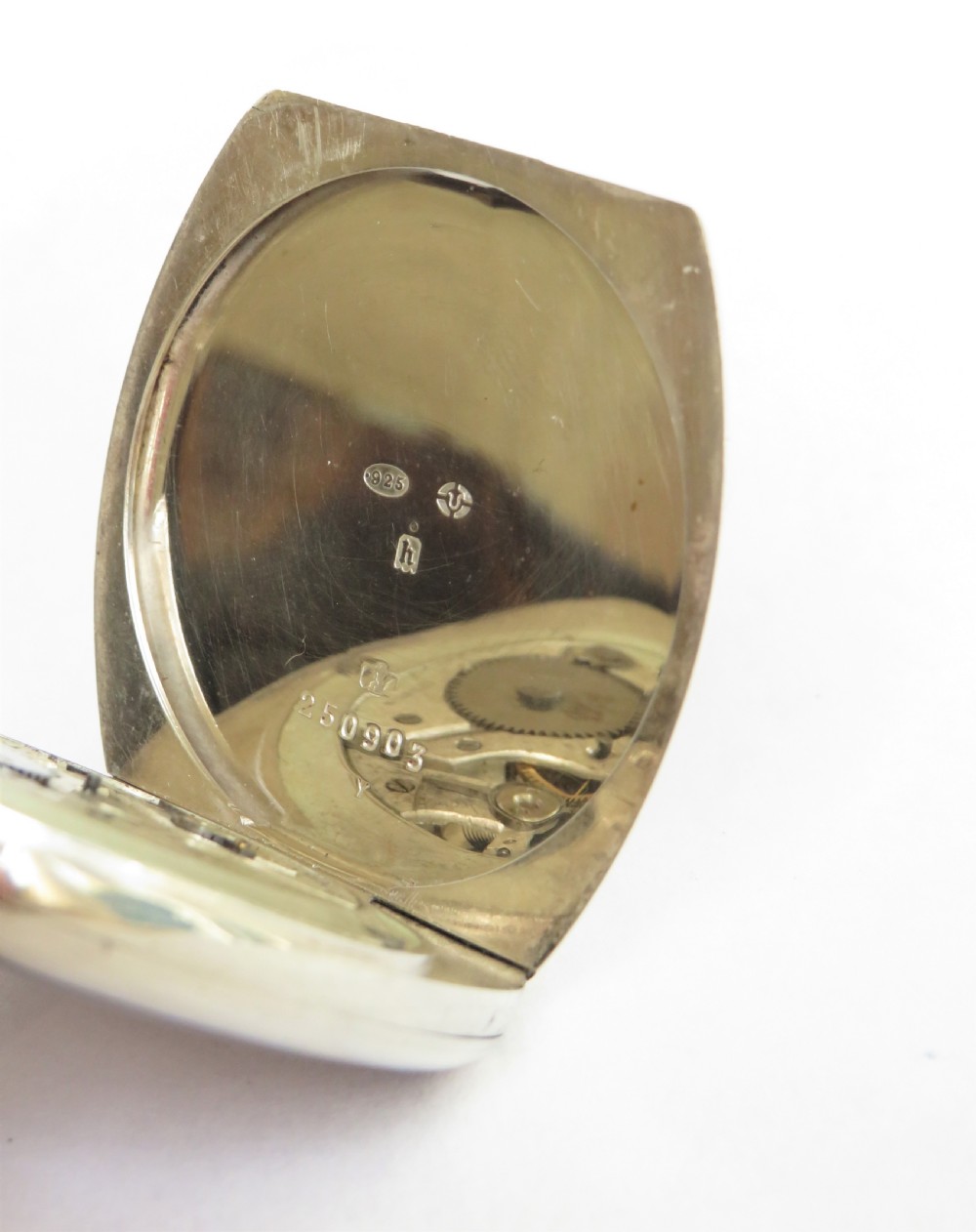 1923 silver tonneau shaped Art Deco pocket watch View III