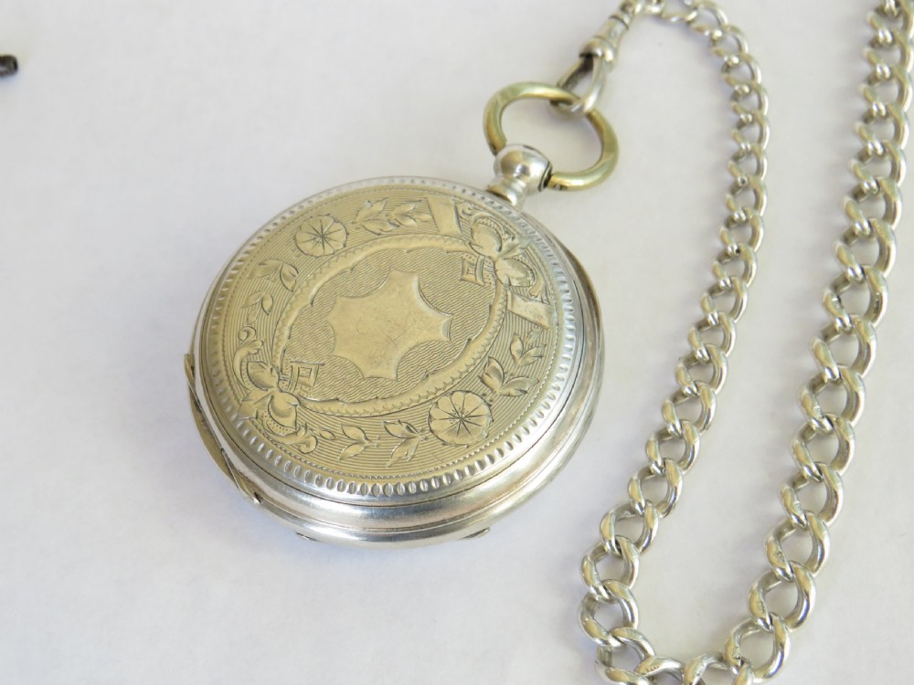 Antique silver pocket watch and chain View III