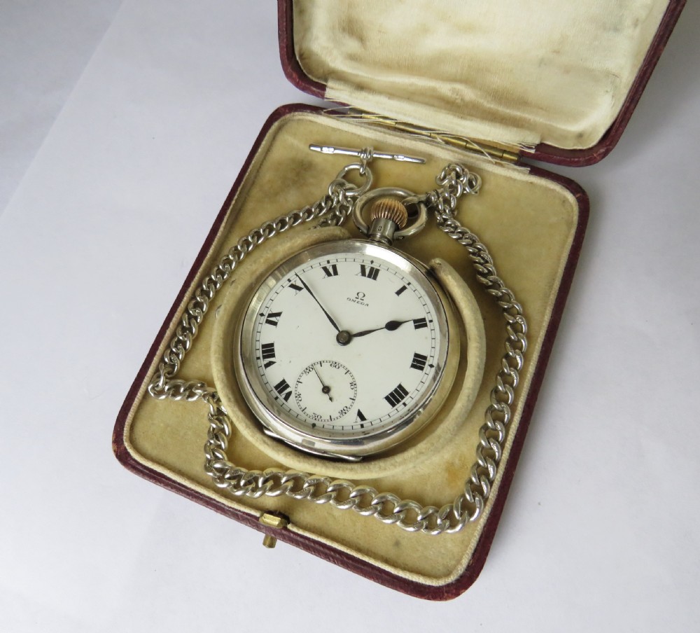 Antique silver Omega pocket watch and chain View II