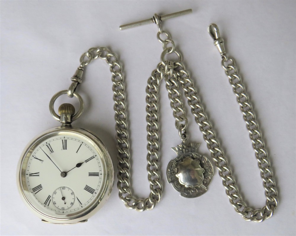 Antique silver Omega pocket watch and chain View II