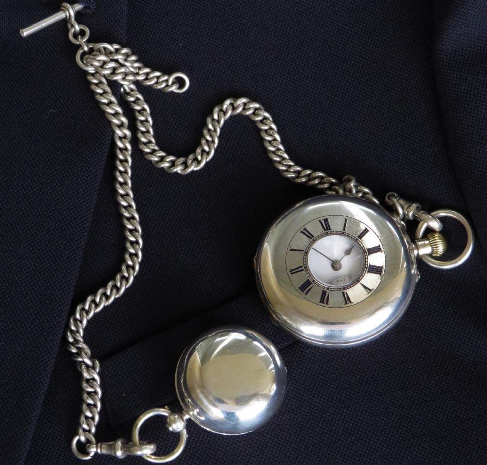 Antique silver half hunter pocket watch, chain and coin holder