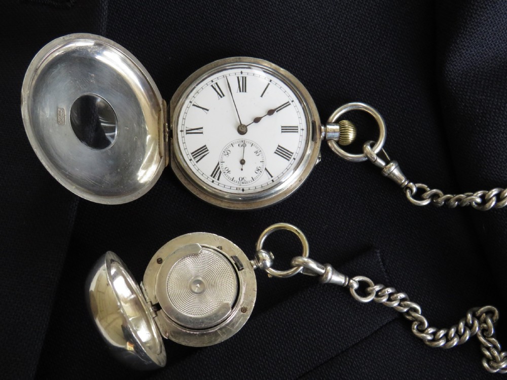 Antique silver half hunter pocket watch, chain and coin holder View II