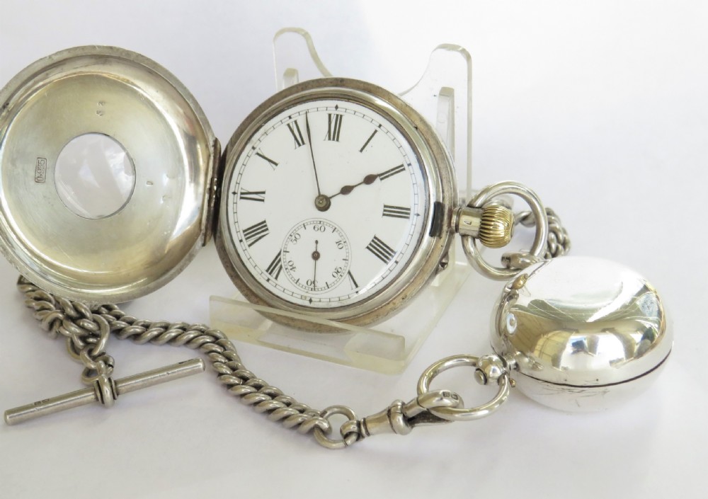 Antique silver half hunter pocket watch, chain and coin holder View III