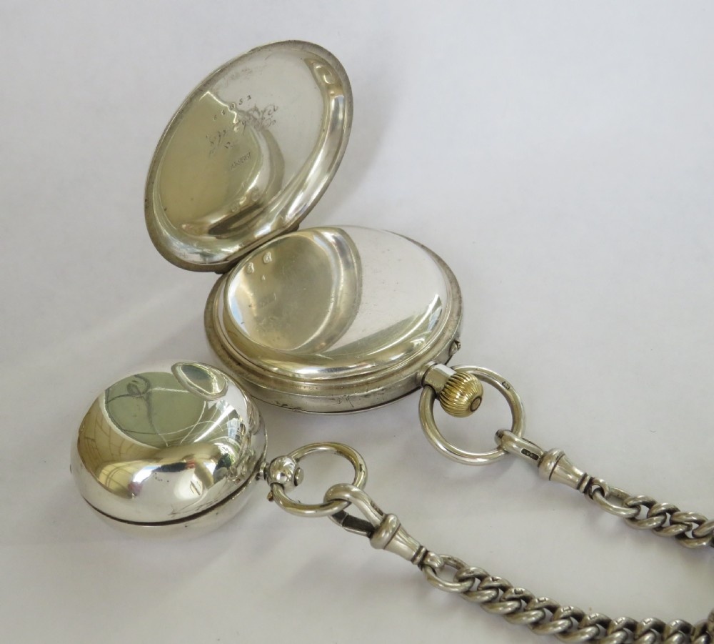 Antique silver half hunter pocket watch, chain and coin holder View IV