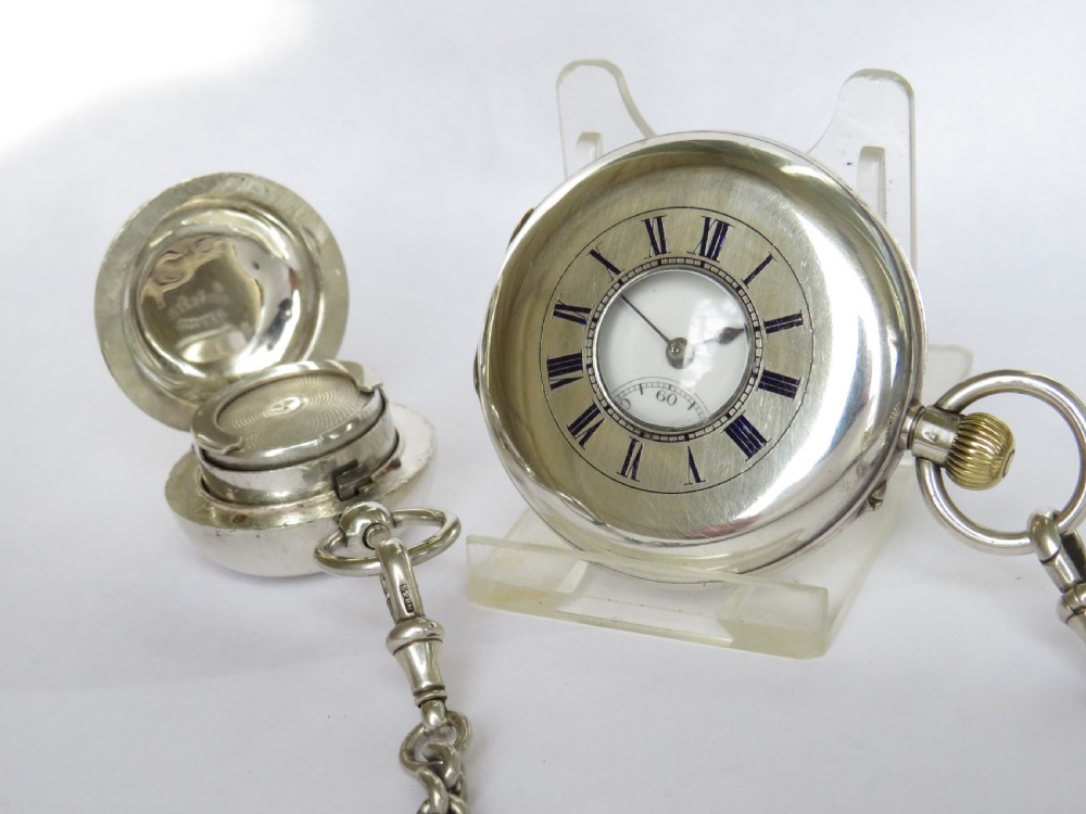 Antique silver half hunter pocket watch, chain and coin holder View VII