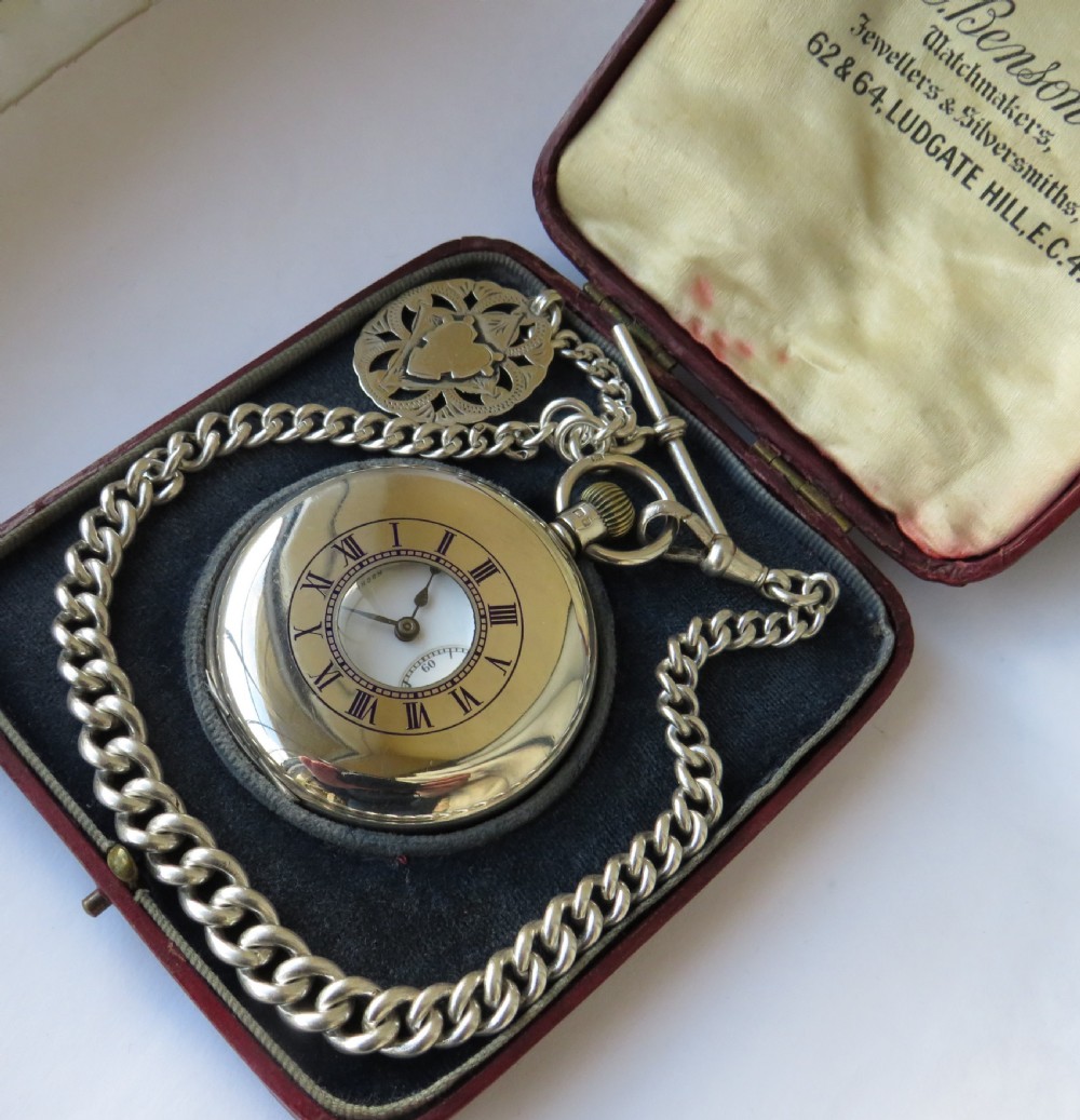Benson silver hunter pocket watch, chain & box