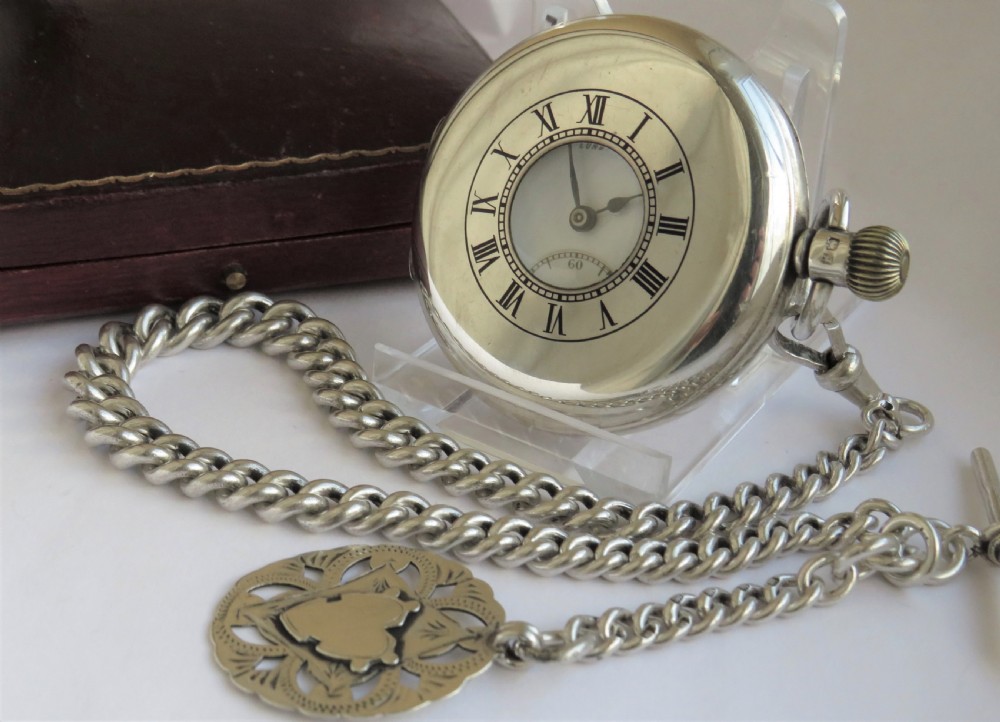Benson silver hunter pocket watch, chain & box View II