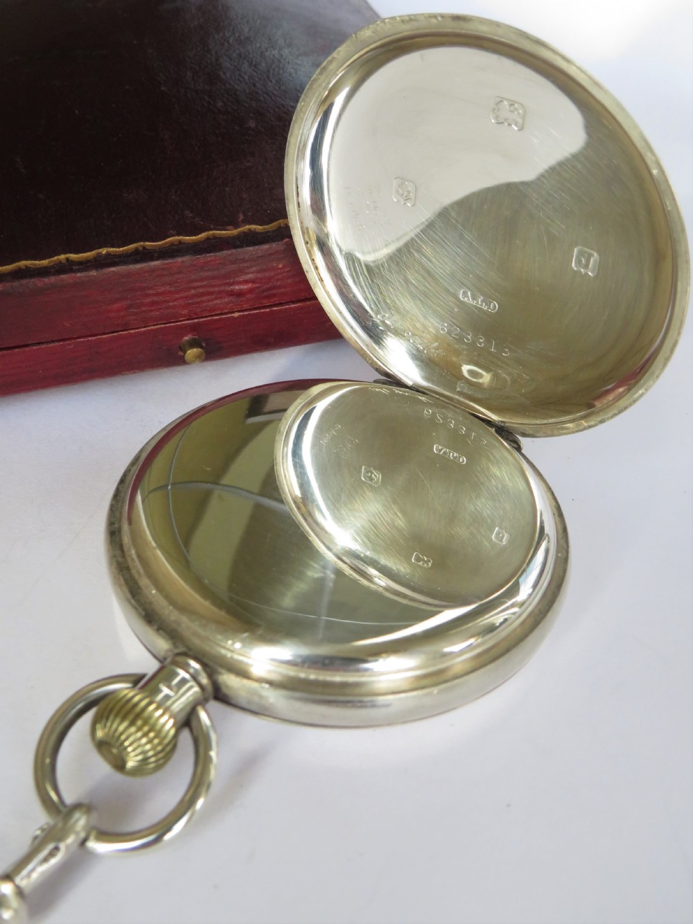 Benson silver hunter pocket watch, chain & box View V