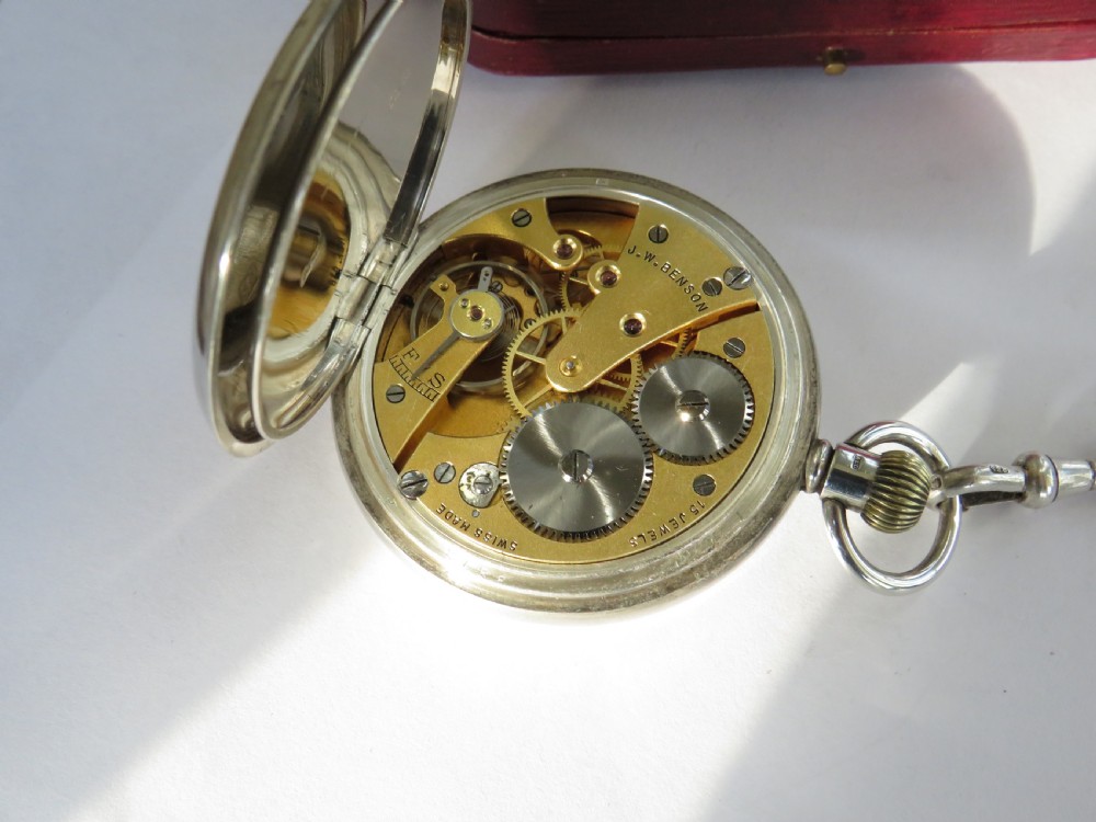 Benson silver hunter pocket watch, chain & box View VI