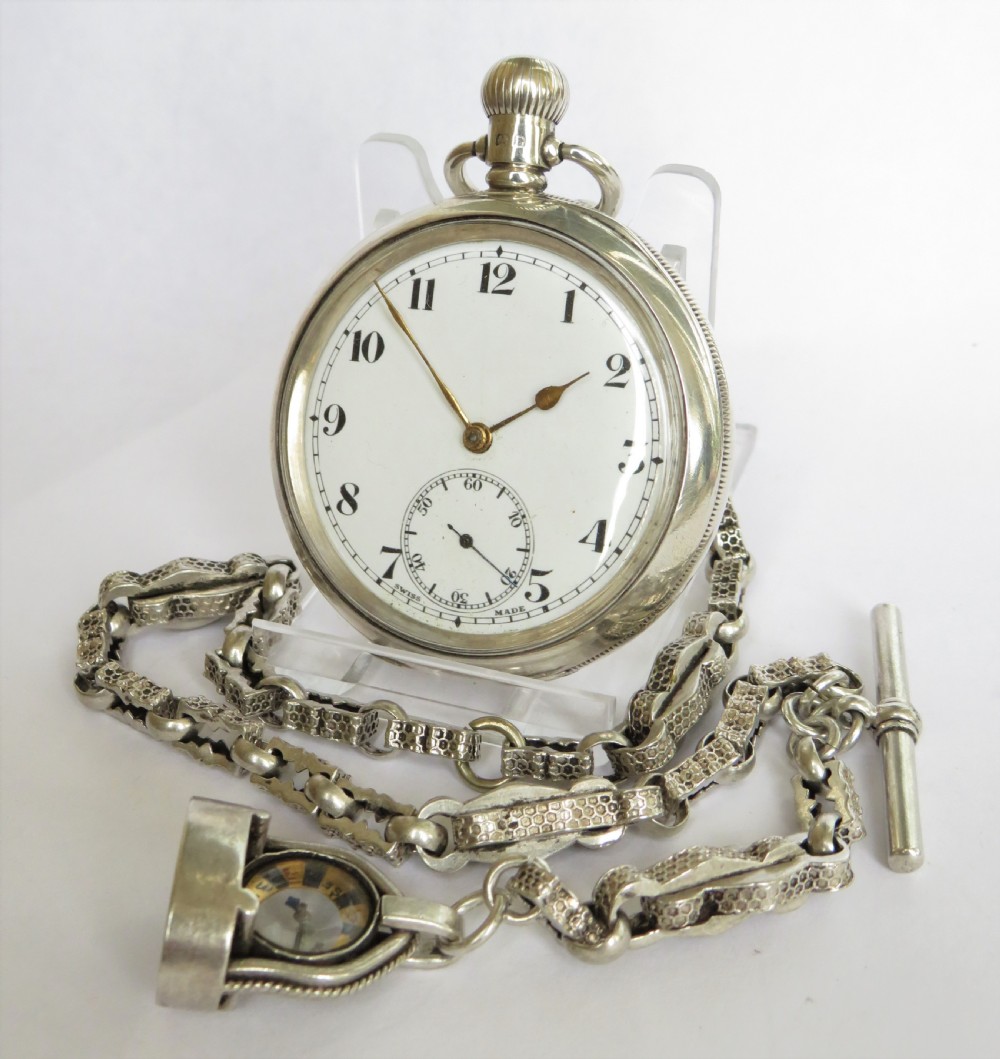 Antique silver 1919 Selezi pocket watch and chain