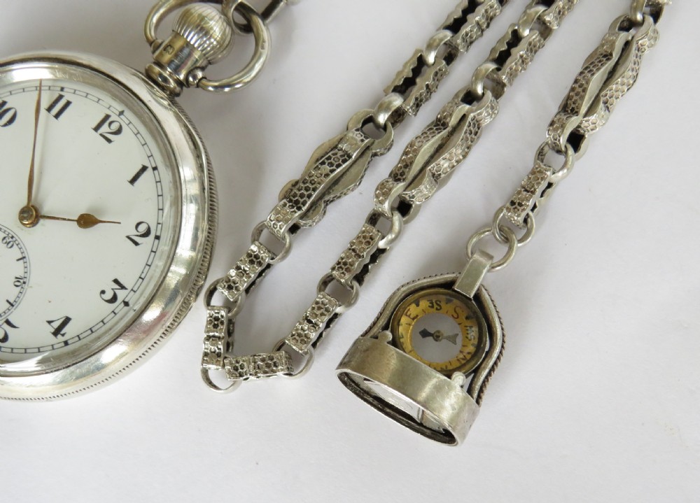 Antique silver 1919 Selezi pocket watch and chain View II