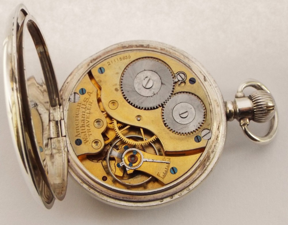 Antique silver Waltham Traveler pocket watch, 1918. View V