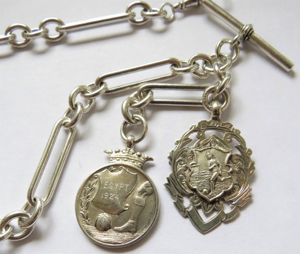 1920s silver military football fobs and watch chain