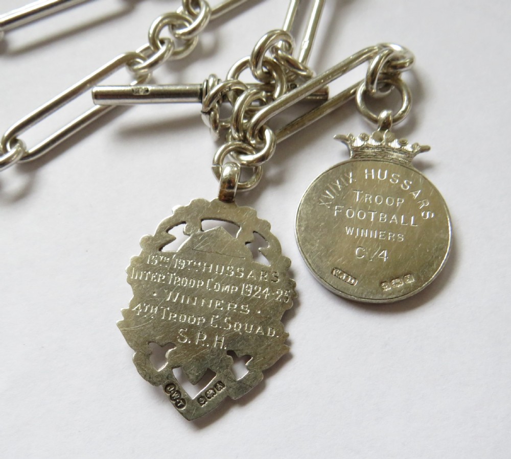 1920s silver military football fobs and watch chain View II