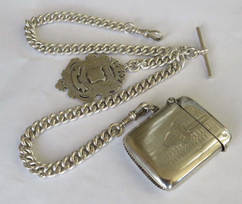 Antique 1909 silver double watch chain with vesta