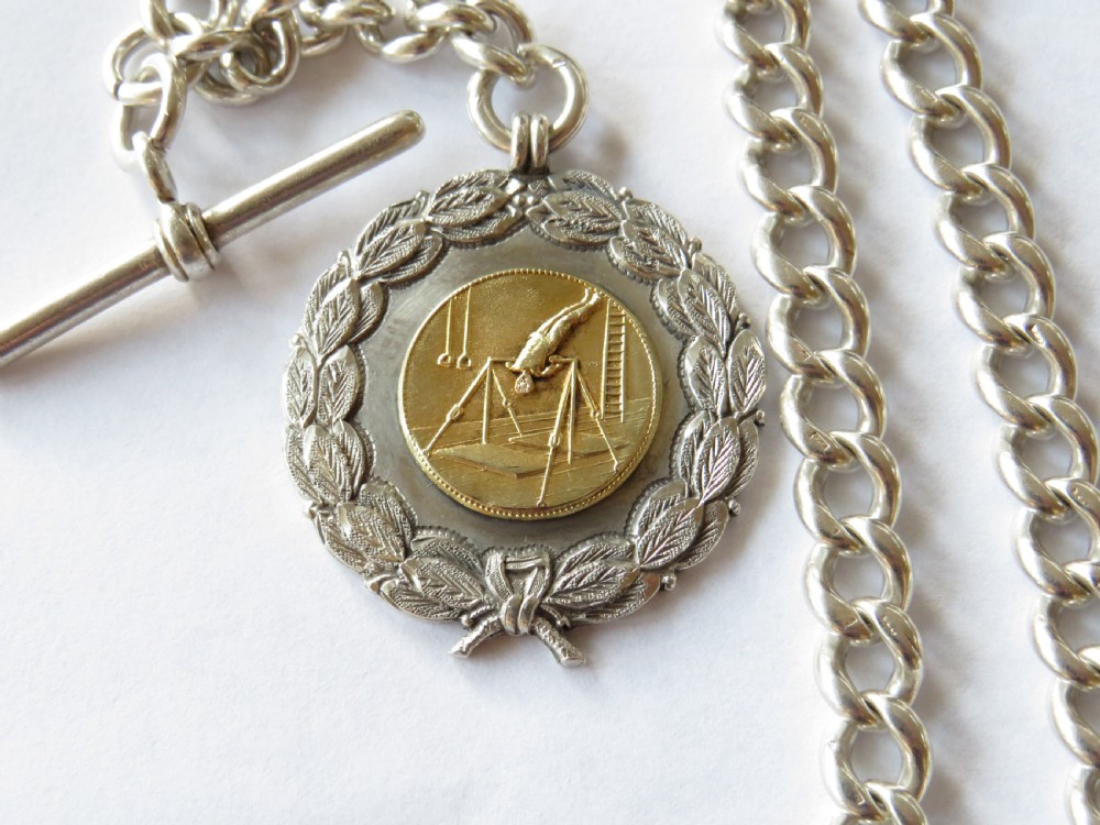 Antique silver pocket watch chain & gymnastics fob View II