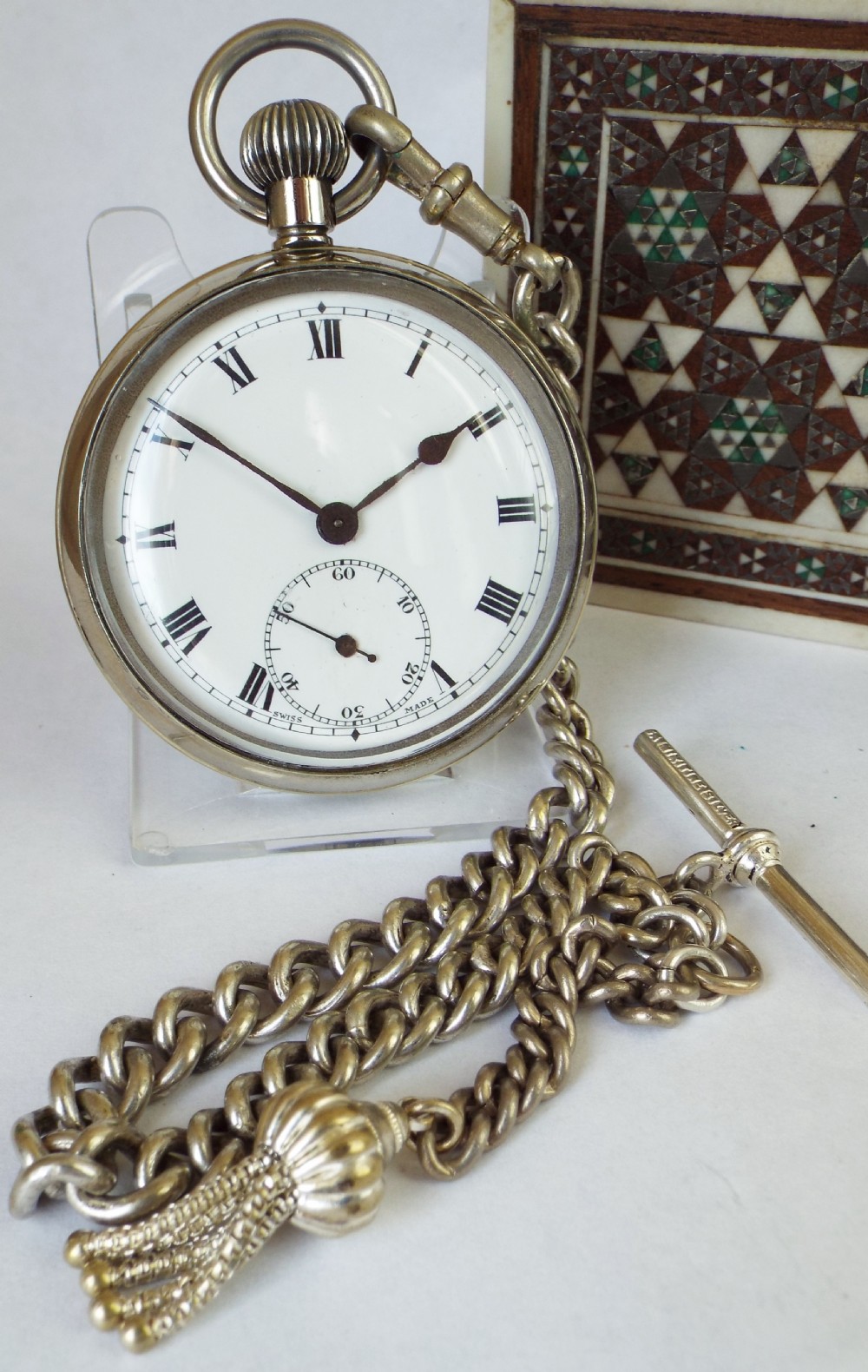 1930s nickel pocket watch and chain.