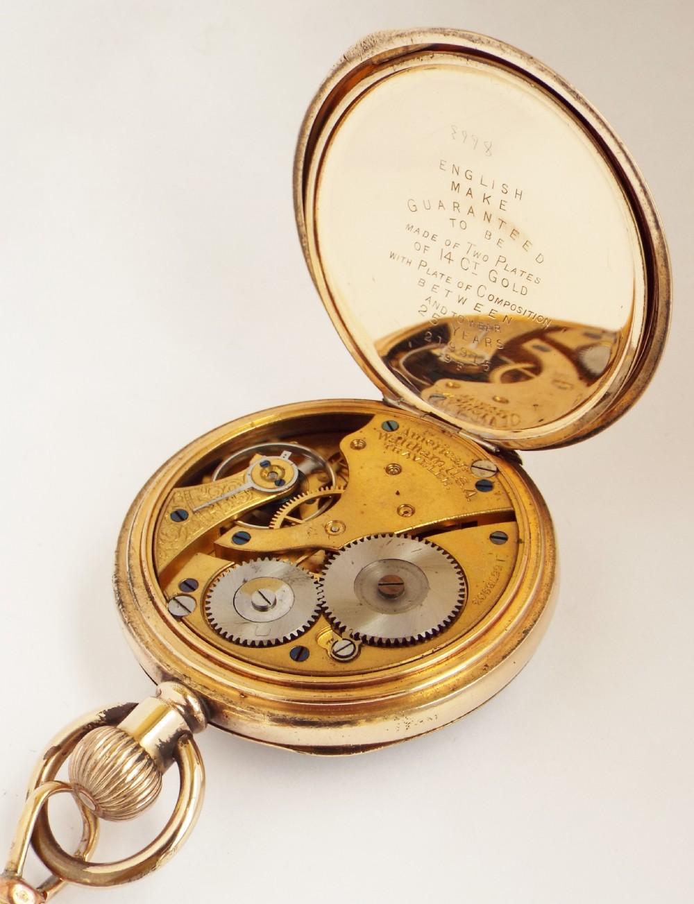 Antique 1907 Waltham Traveler pocket watch and chain. View IV