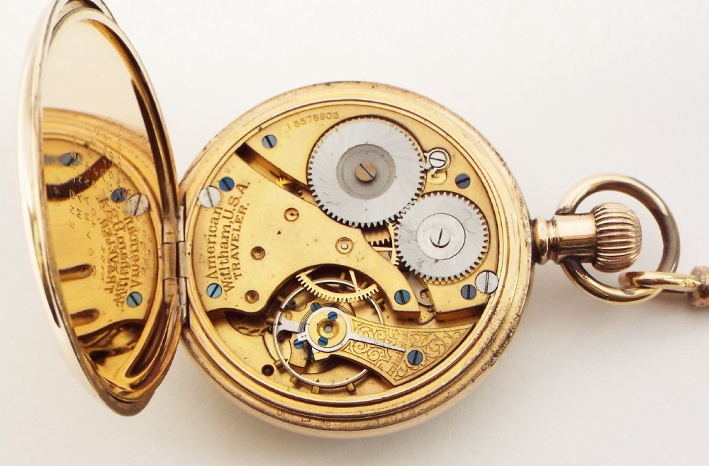 Antique 1907 Waltham Traveler pocket watch and chain. View V