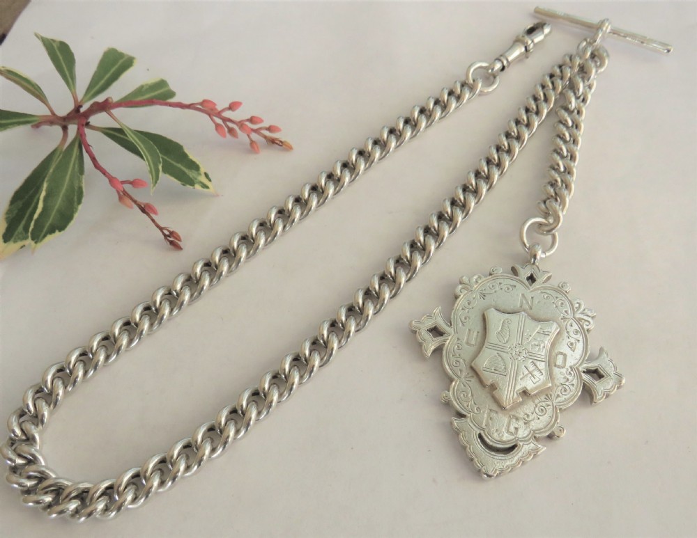 Antique heavy silver single watch chain and fob