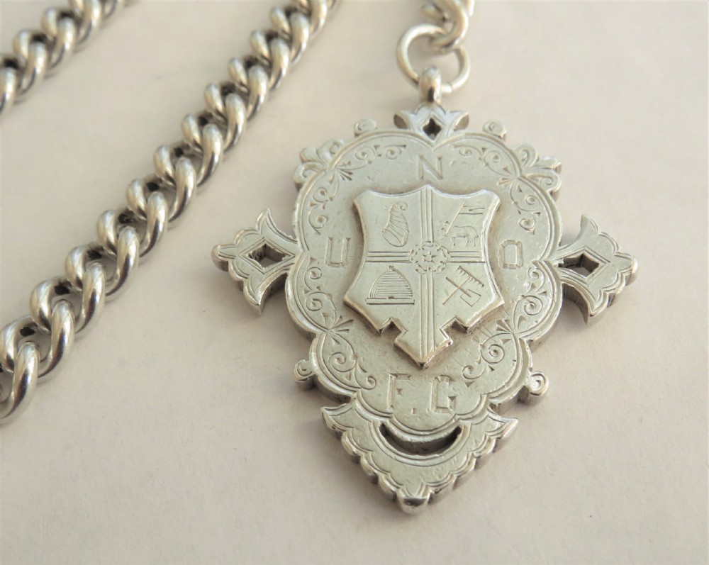 Antique heavy silver single watch chain and fob View II