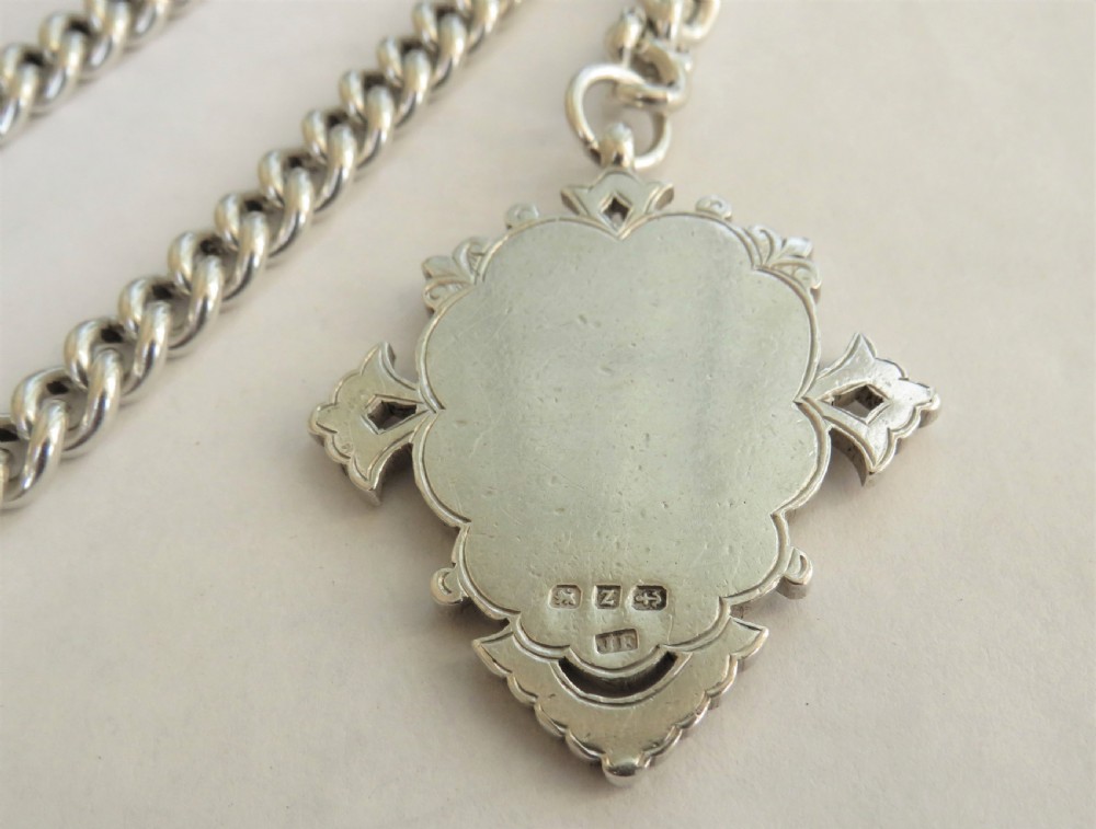 Antique heavy silver single watch chain and fob View III