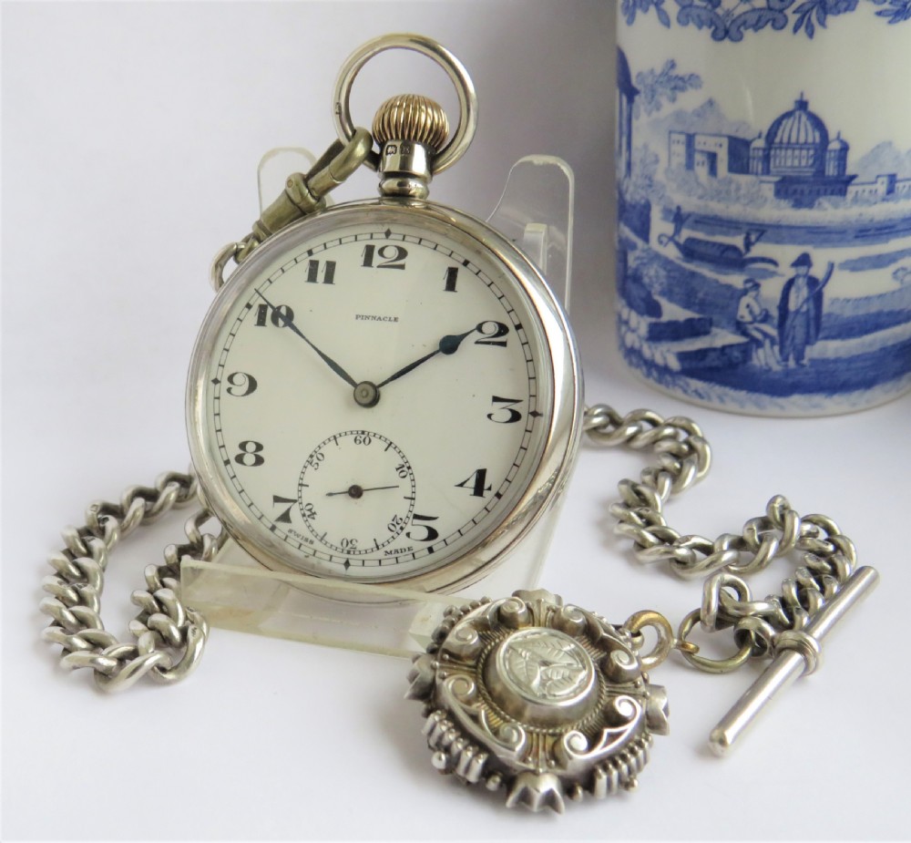 1932 silver Pinnacle pocket watch and silver chain