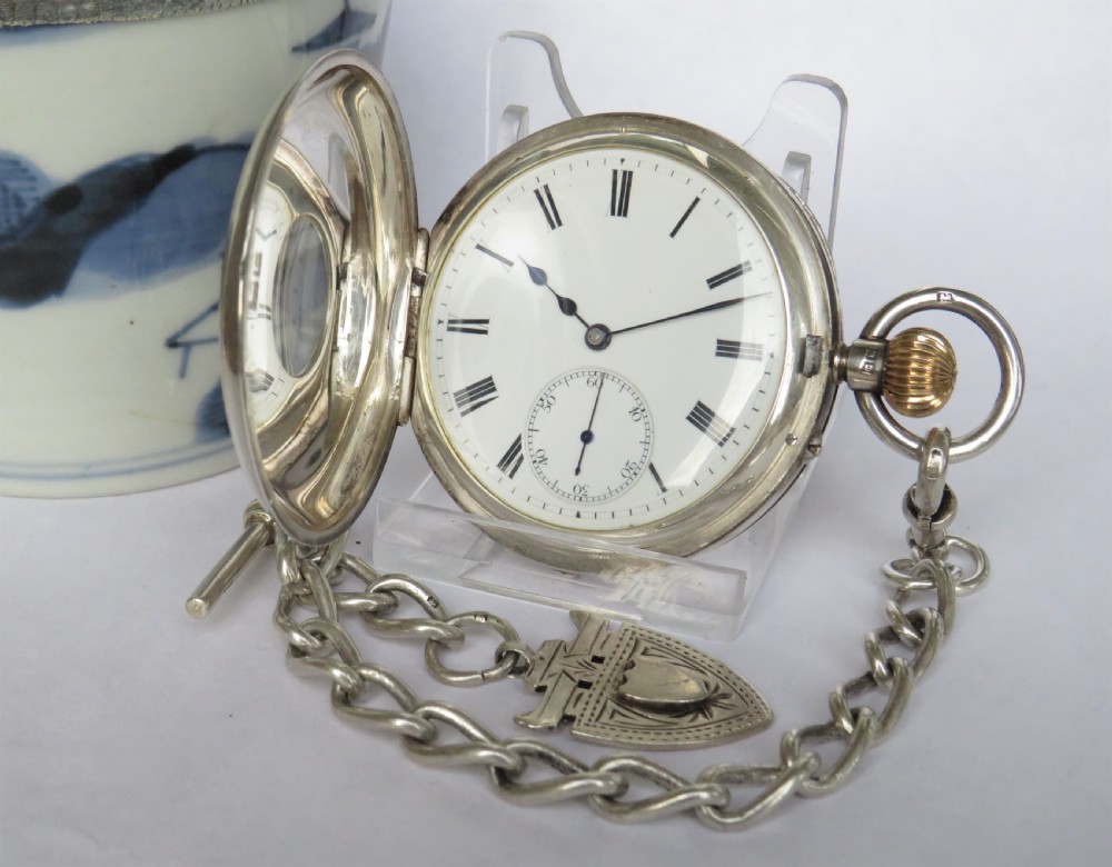 Rotherhams silver half hunter pocket watch & chain View II