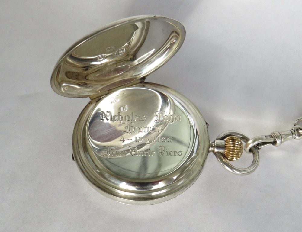 Rotherhams silver half hunter pocket watch & chain View V