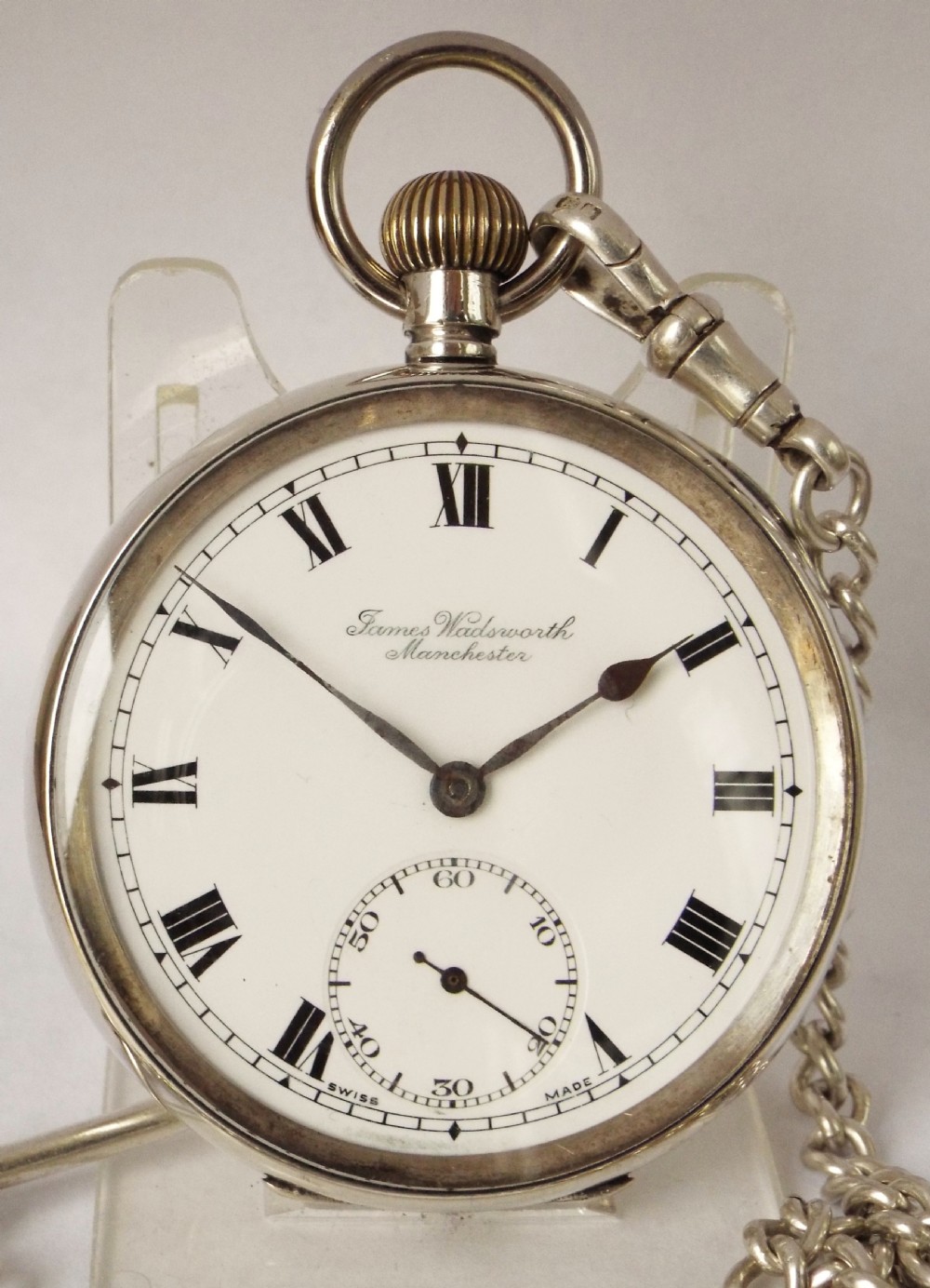 Antique 1918 silver James Wadsworth pocket watch and albert. View II