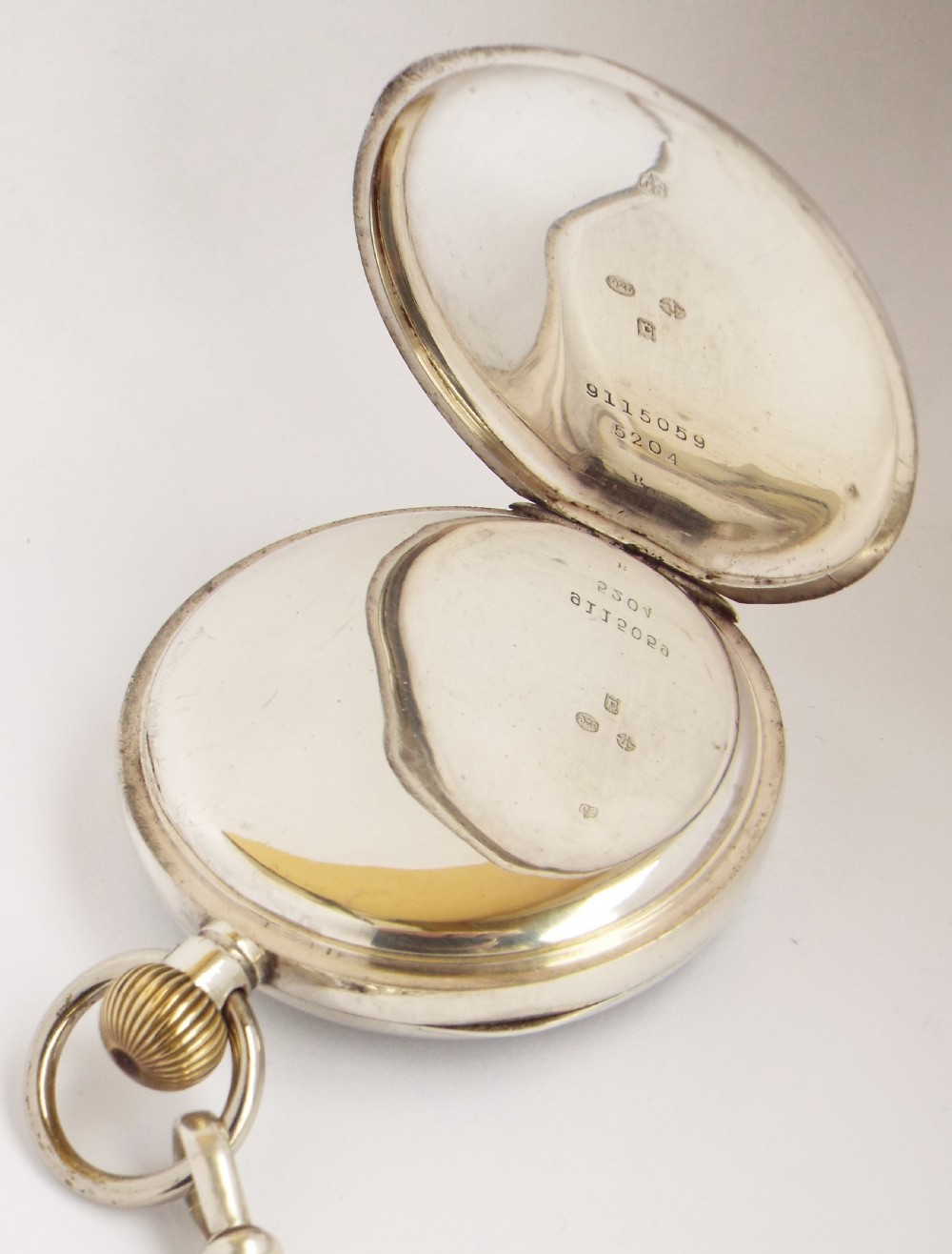 Antique 1918 silver James Wadsworth pocket watch and albert. View IV