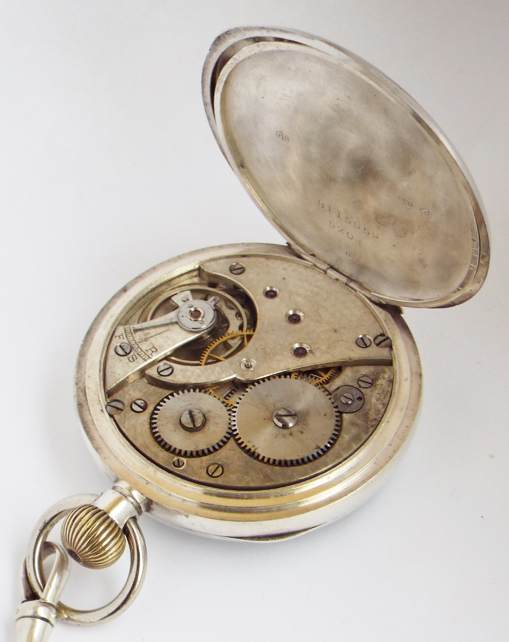 Antique 1918 silver James Wadsworth pocket watch and albert. View V