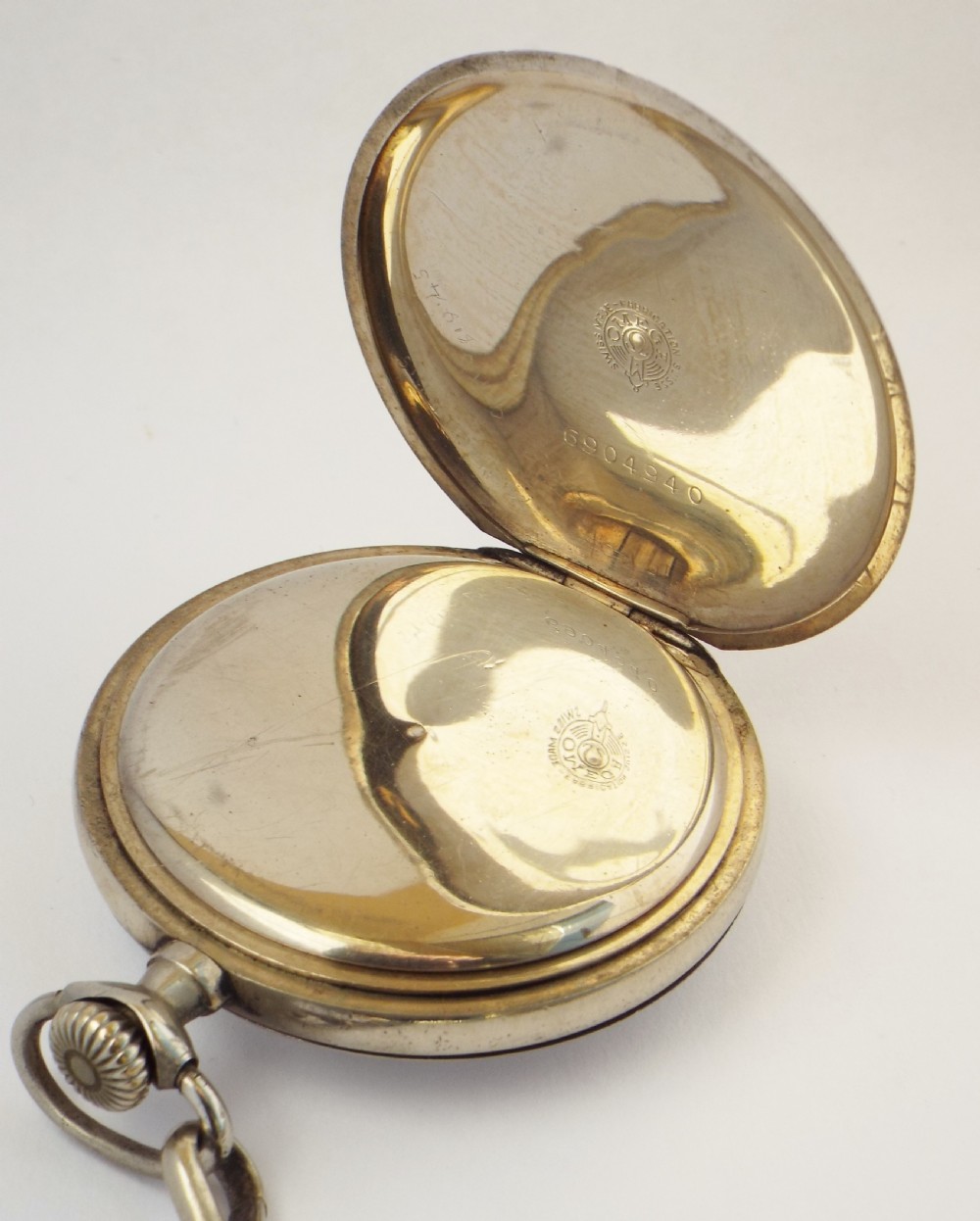 1930s Omega pocket watch and chain. View III
