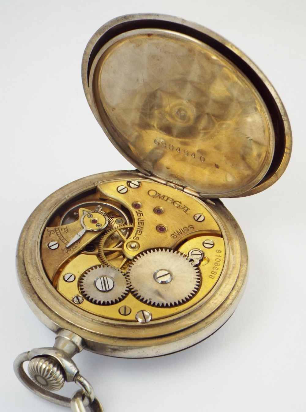 1930s Omega pocket watch and chain. View VI