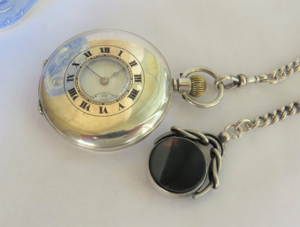 Antique silver Cyma half hunter pocket watch and chain View II
