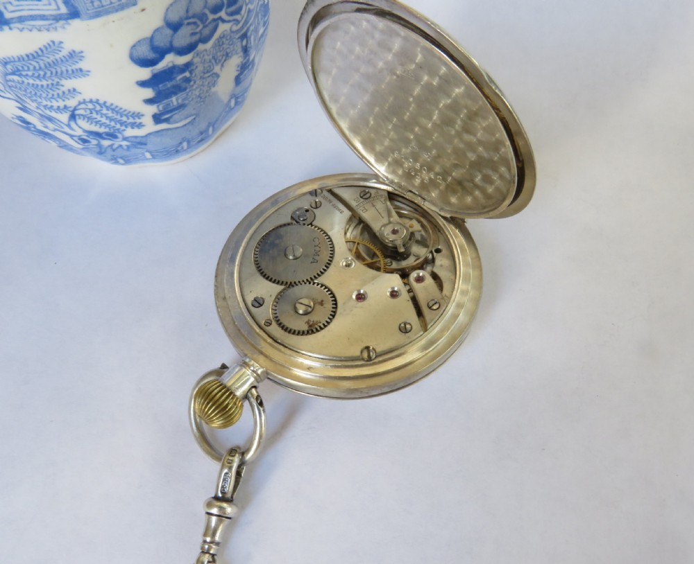 Antique silver Cyma half hunter pocket watch and chain View IV