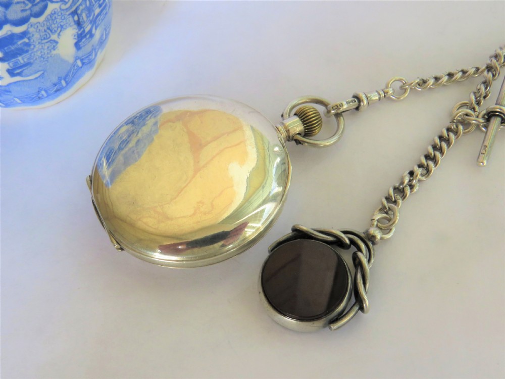 Antique silver Cyma half hunter pocket watch and chain View V