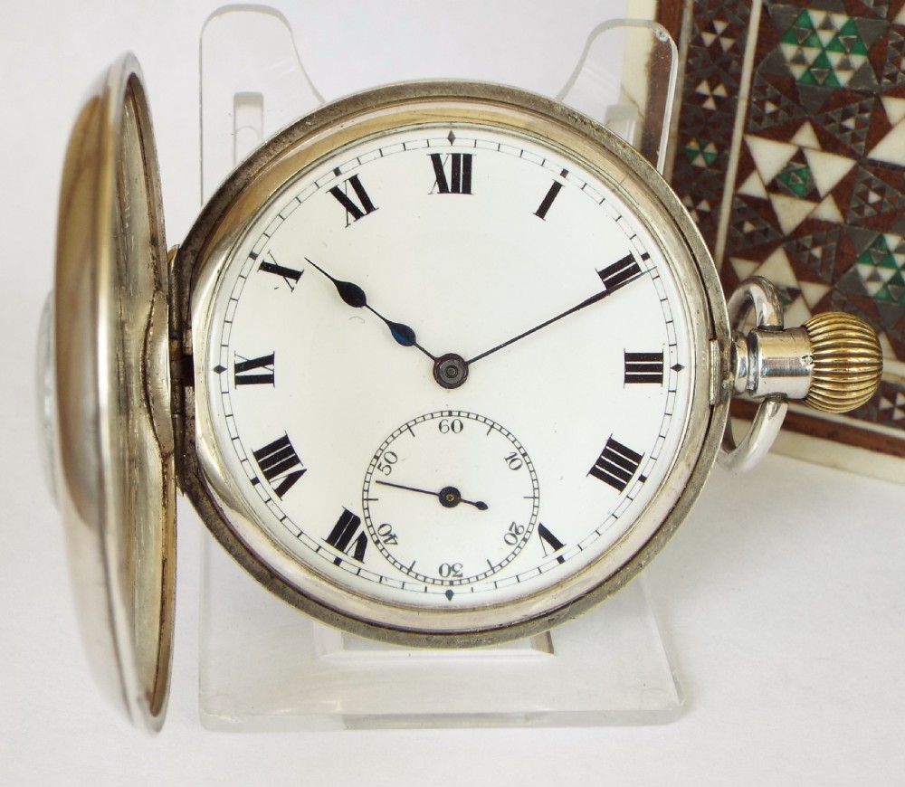 Antique silver Syren half hunter pocket watch by the Revue Thommen Watch Company. View II