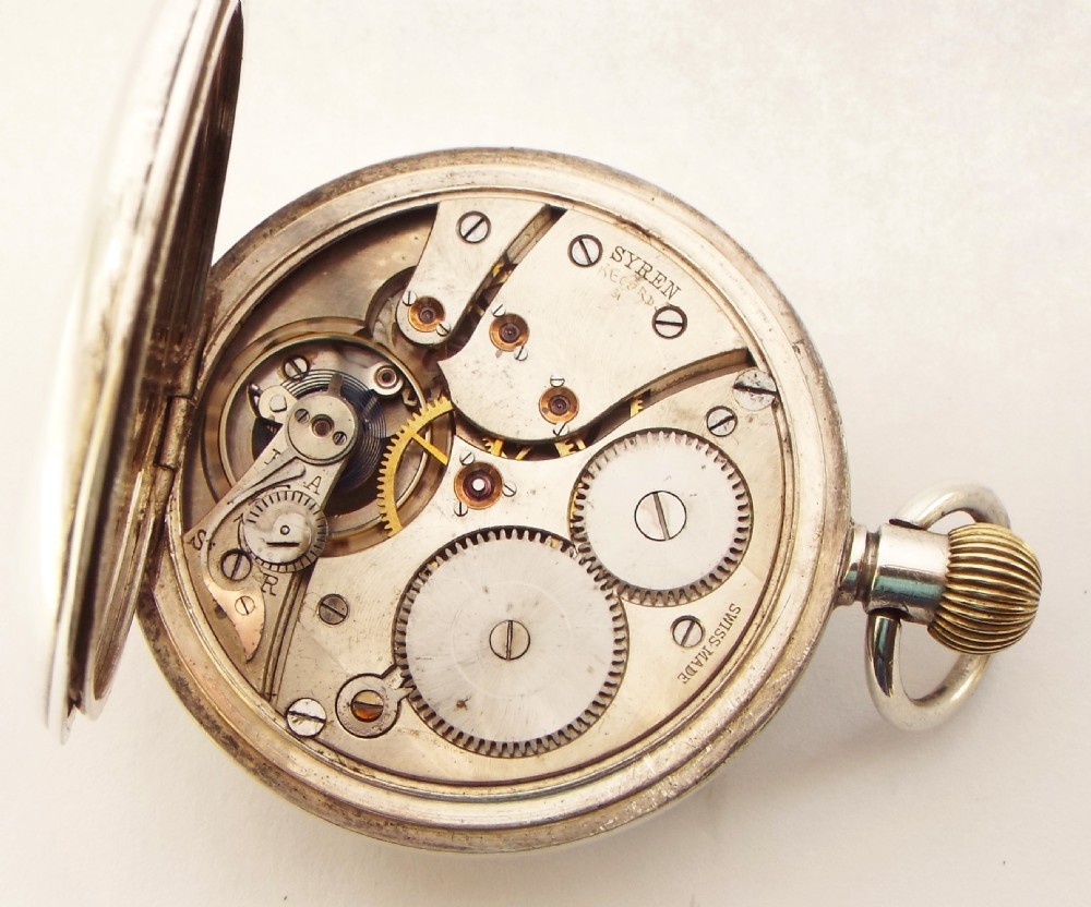 Antique silver Syren half hunter pocket watch by the Revue Thommen Watch Company. View V