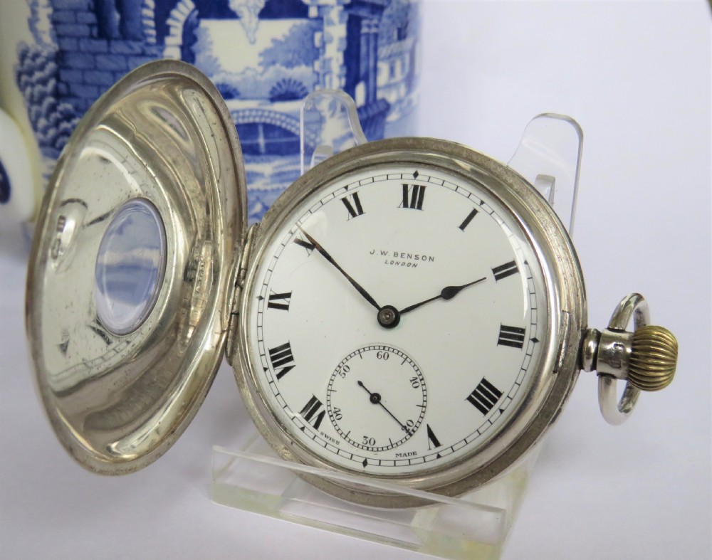 Silver Cyma half hunter pocket watch, J W Benson View II