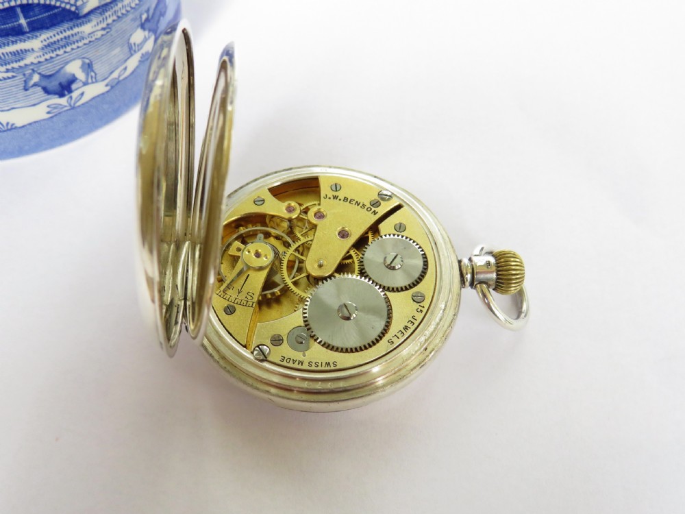 Silver Cyma half hunter pocket watch, J W Benson View IV