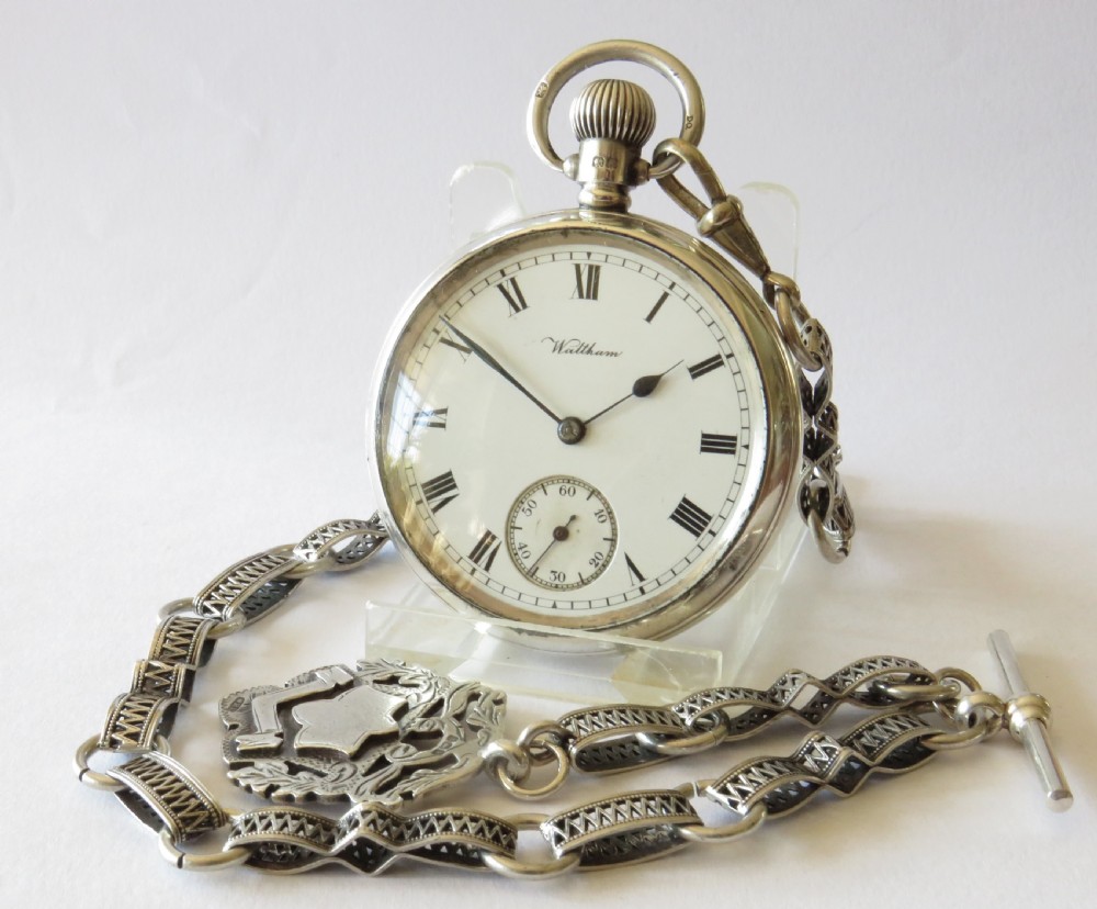 Antique silver Waltham pocket watch & chain