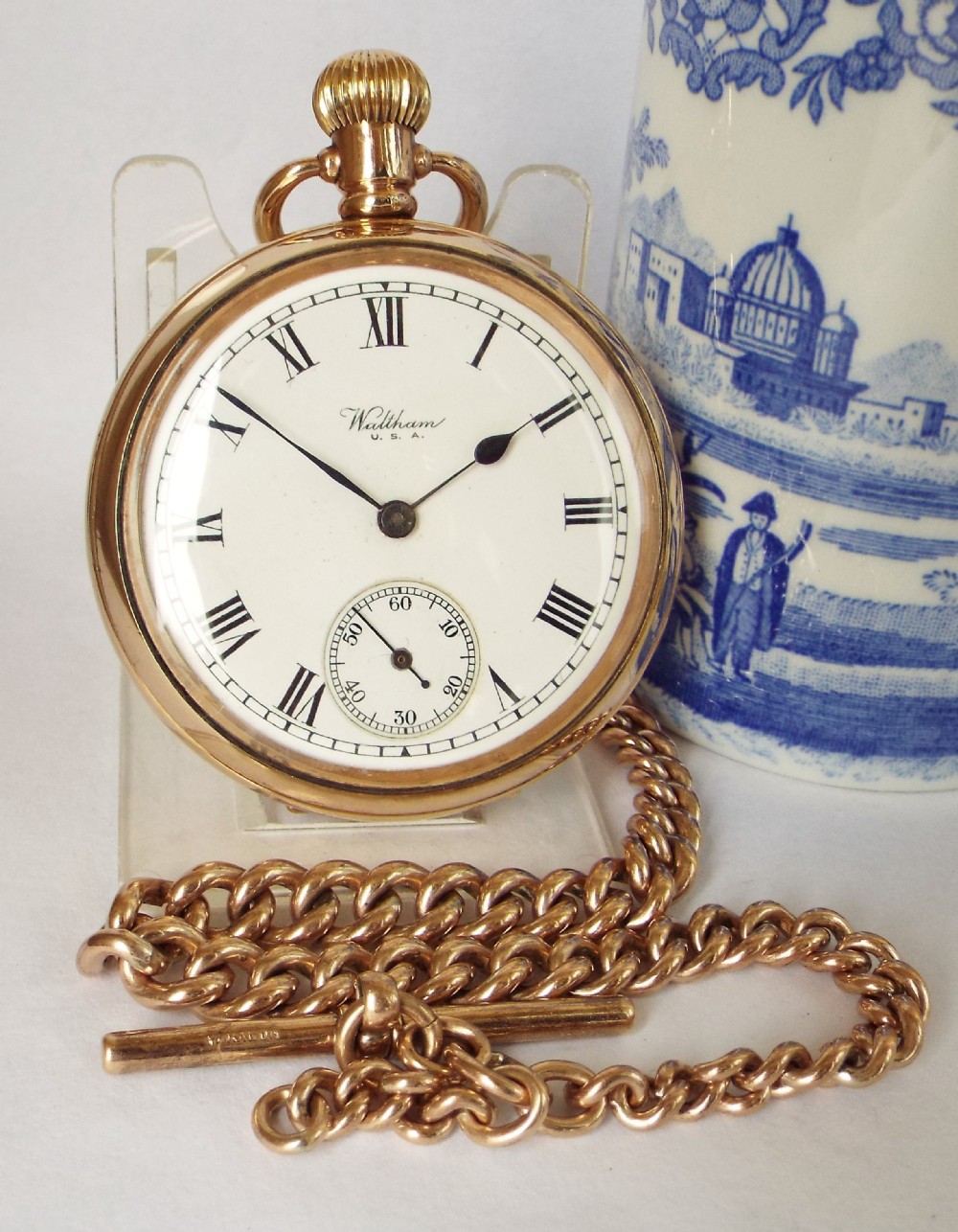 Antique stem winding Waltham pocket watch & chain.