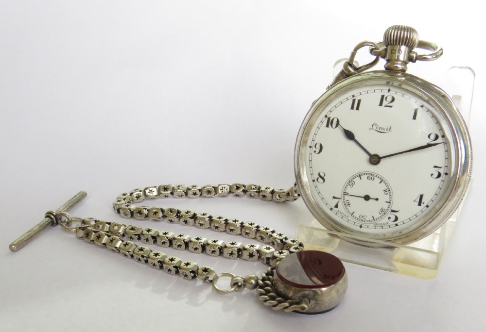 1930s silver Limit pocket watch and chain.
