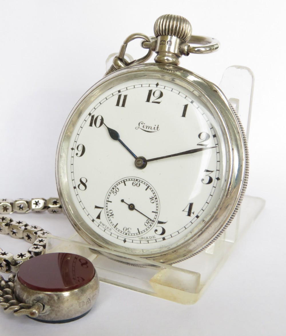 1930s silver Limit pocket watch and chain. View II
