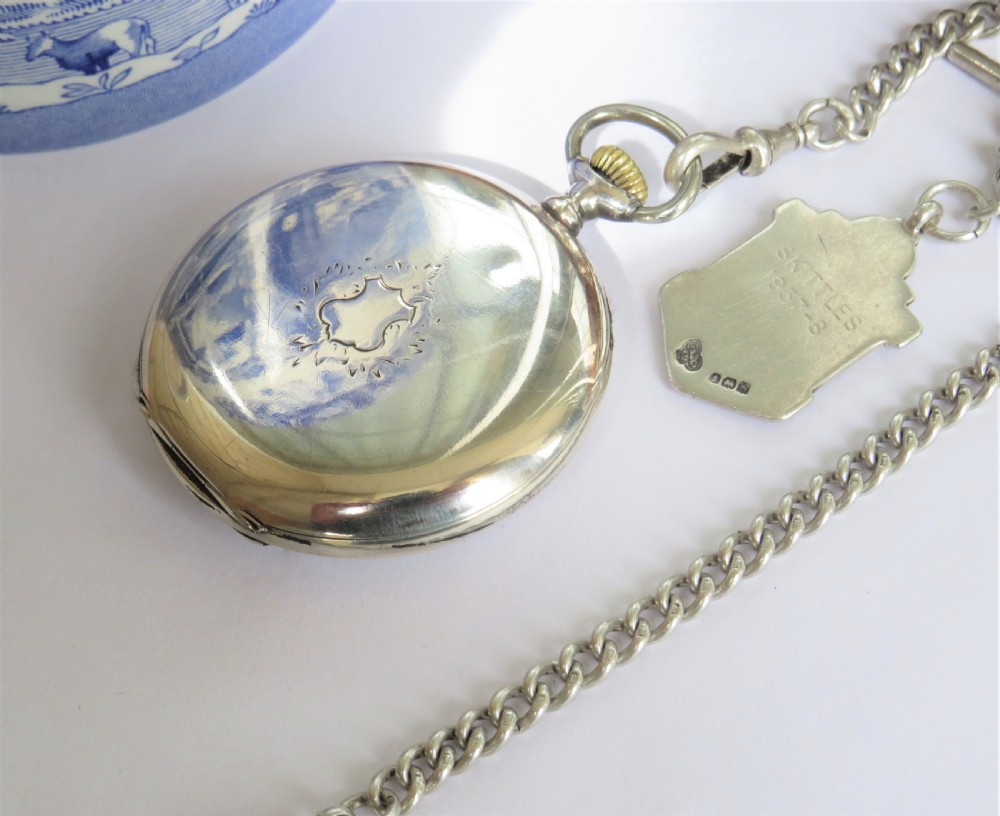 Antique silver Longines pocket watch and chain View II