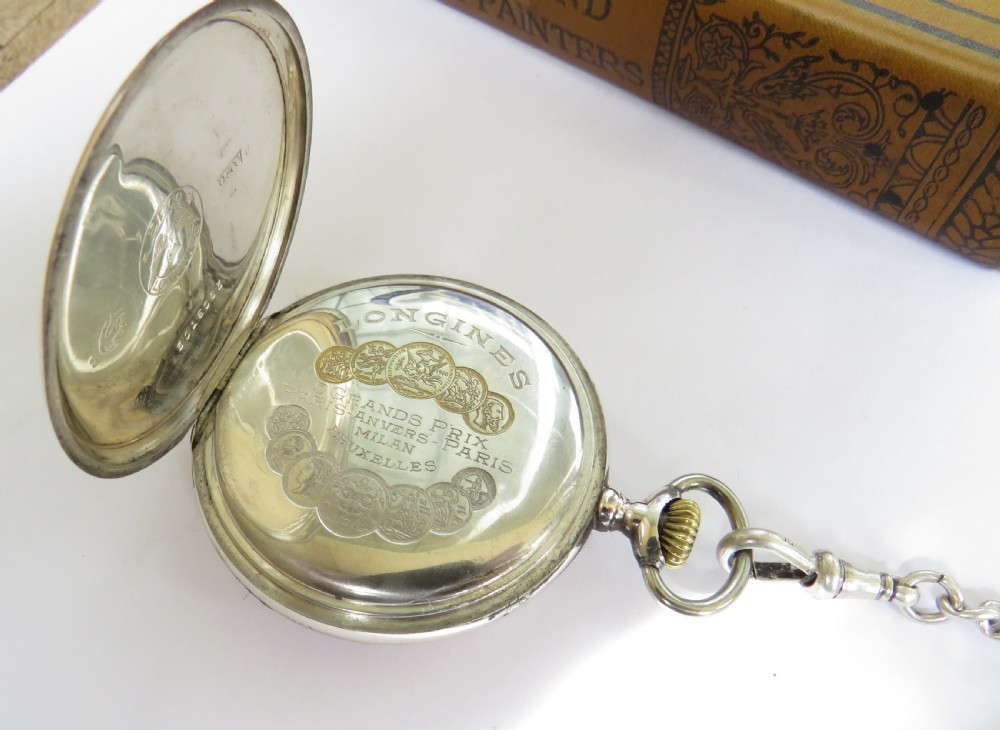 Antique silver Longines pocket watch and chain View IV