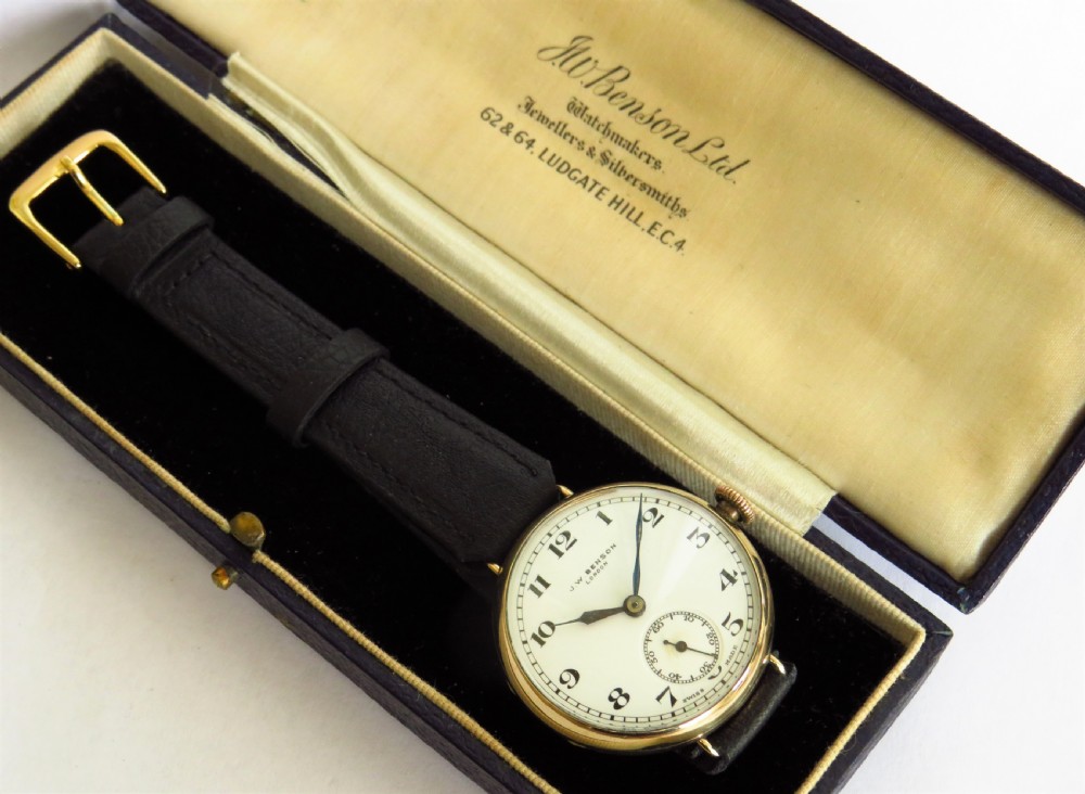 Boxed 9ct gold wrist watch from J W Benson, 1935