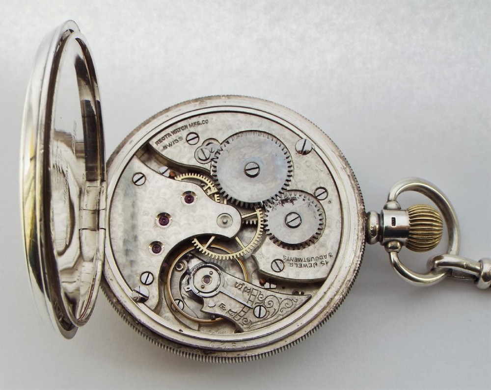1920s silver Recta pocket watch & chain. View IV